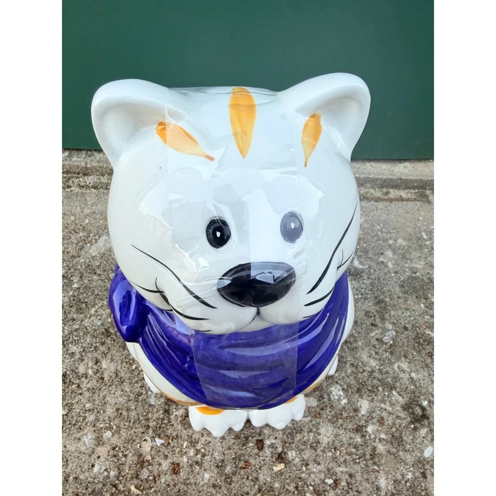 Vintage Style Ceramic White Orange Striped Cat Cookie Jar Blue Scarf 10‎ Inch